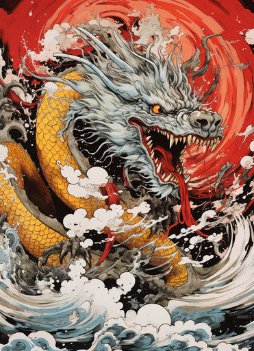 Chinese traditional dragon art in light gray and dark crimson style