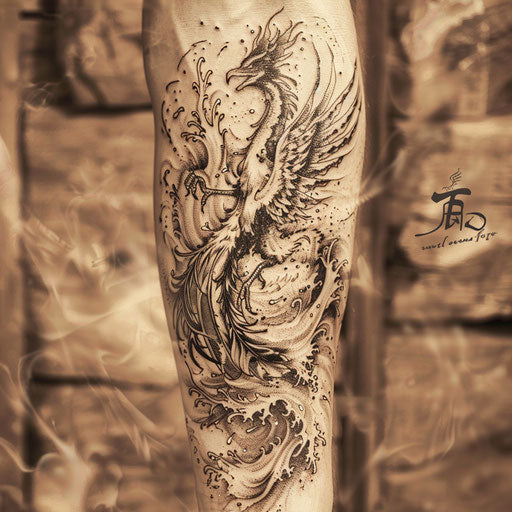 Tattoo sketch of a phoenix rising from flames, full sleeve for men