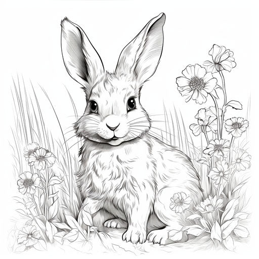 Little bunny in the grass coloring, captivating