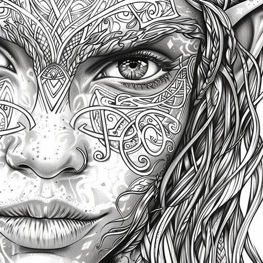 Detailed close-up of an elf with intricate facial tattoos