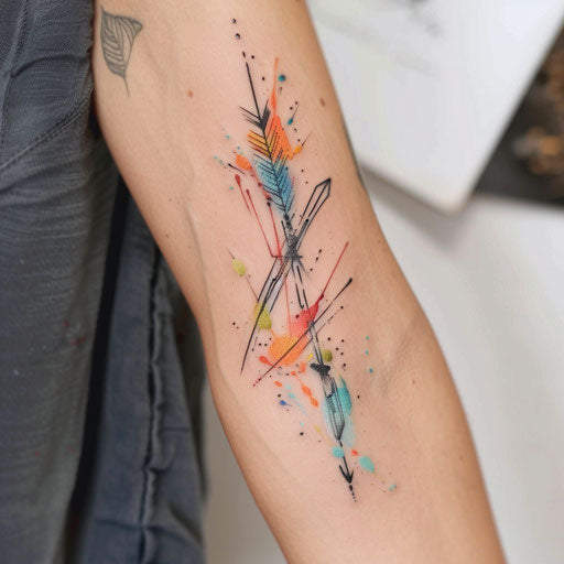 Modern abstract arrow tattoo, with splashes of color
