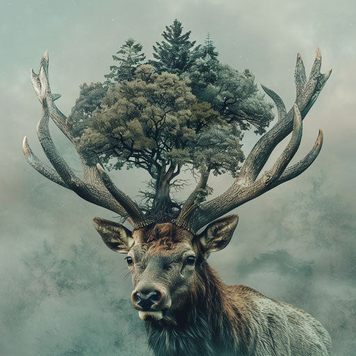 A surreal portrait of an elk with a forest on its antlers