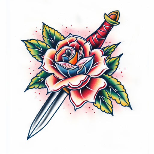 Illustration of a classic rose with a dagger through it in traditional bold colors and thick outlines, on white background