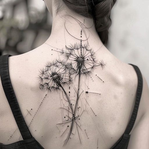Geometric dandelion tattoo, abstract shapes on white canvas