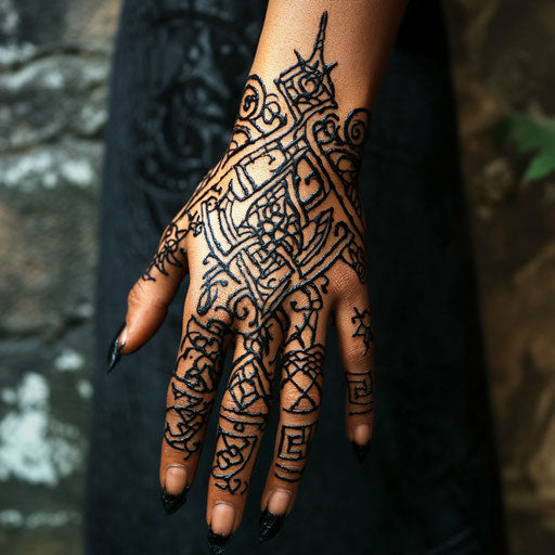 Henna hand tattoo with warrior symbols and Celtic knots