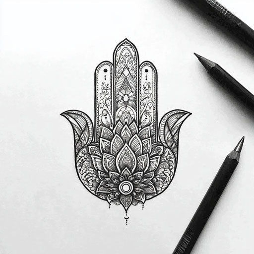 Hamsa hand tattoo with black mandala on white background