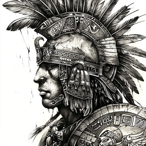 Detailed black and grey Aztec warrior tattoo