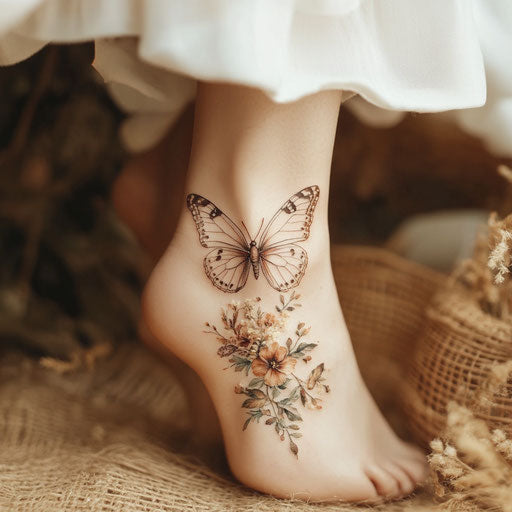 Women's ankle tattoos with delicate butterfly and floral accents