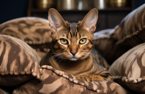 Bengal cat sitting next to striped pillows, in the style of creative commons attribution, dark gold and brown, warmcore, explosive pigmentation, masculine, cottagepunk, hard-edged 17:11