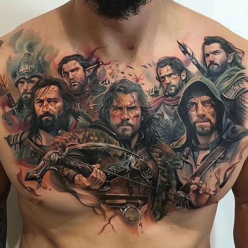 Chest tattoo of epic fantasy warriors