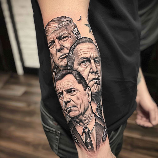 Men's forearm tattoo with political satire