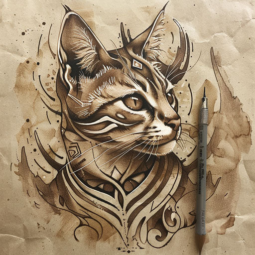 Mystical sketch of a tattooed cat with tribal markings