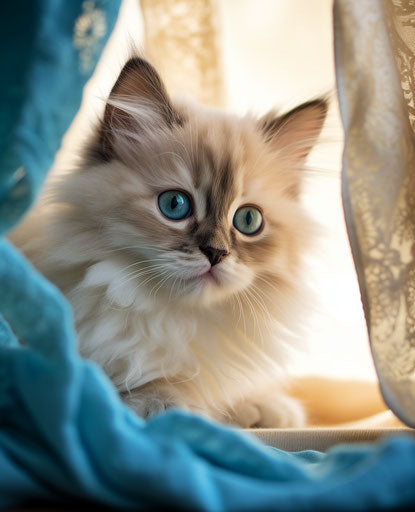 Soft kitten peering from kennel, light beige and dark aquamarine