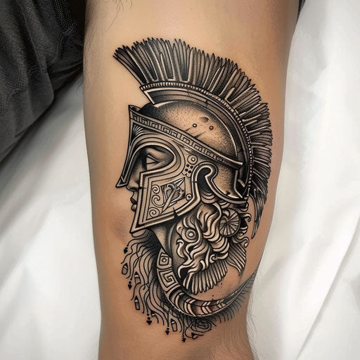 Athena's helmet and shield in black and grey tattoo