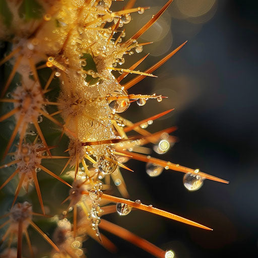 Cactus spine with water droplets reflecting desert flora