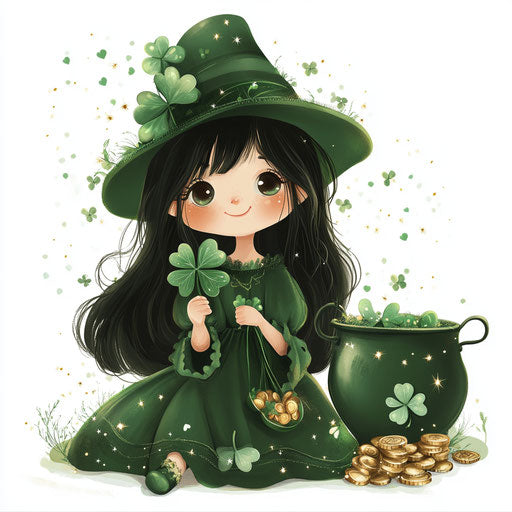 Adorable girl in green with clover and peace hat near pot of gold coins, holding a four-leaf clover