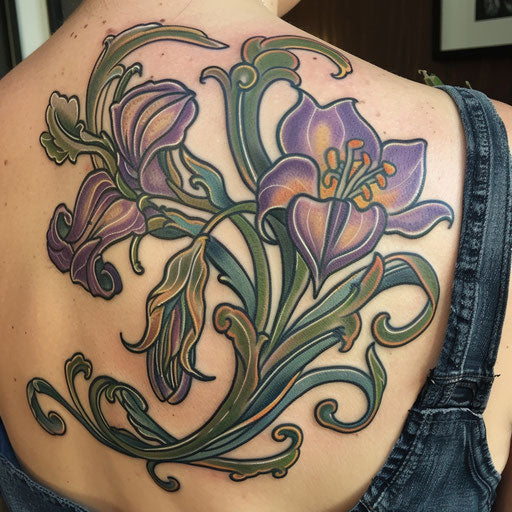 Wildflower tattoo in art nouveau style, flowing lines, soft pastels, elegant curves