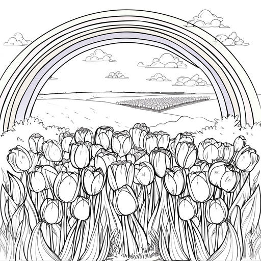 Rainbow over a field of blooming tulips