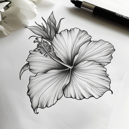 Detailed black and grey ink sketch of a hibiscus flower tattoo
