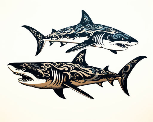 Three stylized sharks in Tongan art style
