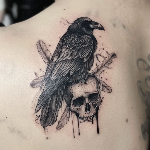 Gothic raven tattoo on skull in black and gray