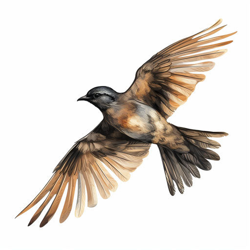 Flying bird clipart in the style of Chiaroscuro Art, on a white background
