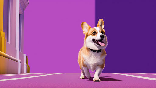 Little corgi walking down street on purple background
