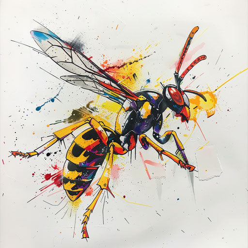 Expressionist sketch of a wasp with bold strokes and vibrant splashes of color