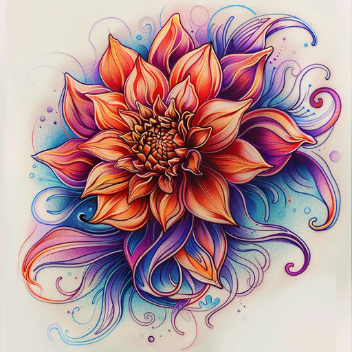 Psychedelic colored dahlia tattoo sketch with swirls