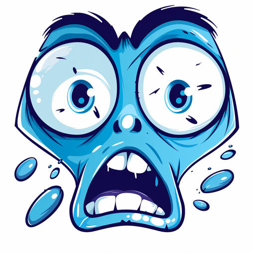 Shibrat style logo, blue cute cartoon face with open mouth and big eyes on white background, surprised smiley face