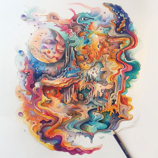 Surreal flat tattoo sketch portraying a chaotic dreamscape in soft watercolor hues