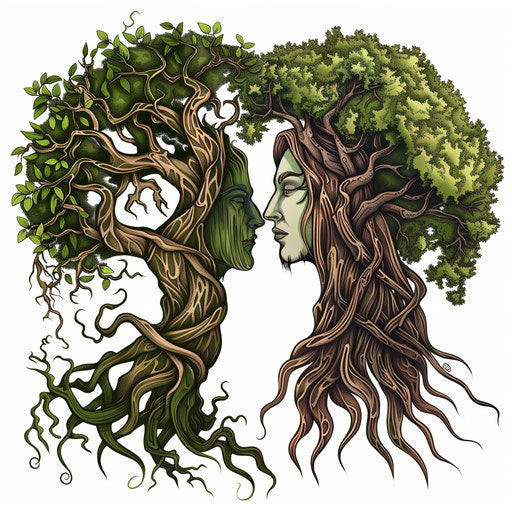 King and queen as oak and willow, naturalistic tattoo