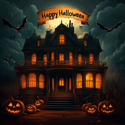 Spooky haunted house with Happy Halloween banner