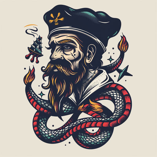 Traditional flat tattoo sketch in clipart style, dark mark with classic sailor tattoo elements in bold colors