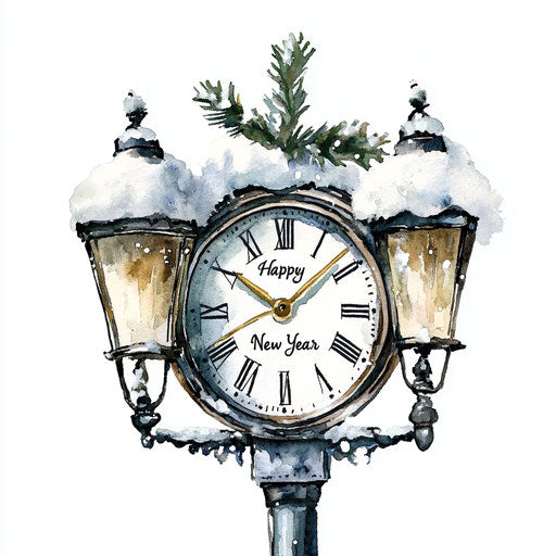 Watercolor clock on street lamp, winter-themed, Christmas-themed, white background.