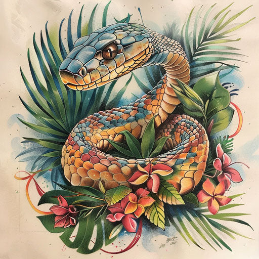 Tropical cobra tattoo sketch with lush greenery and vivid floral accents