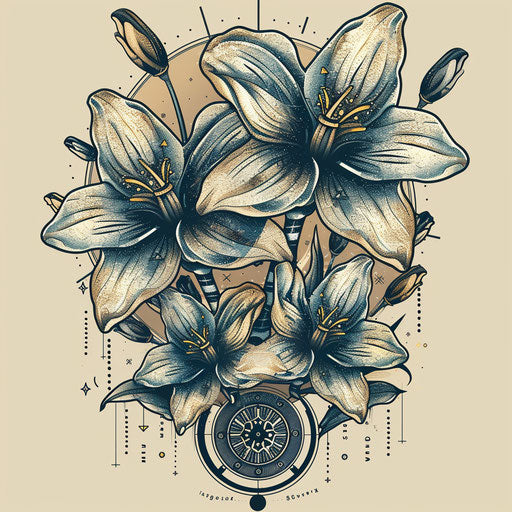 Industrial clipart style flat tattoo sketch of March birth flowers with metallic shades and mechanical elements