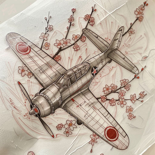 Sketch of kamikaze tattoo with cherry blossoms in Japanese art style