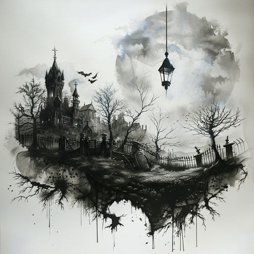 Eerie Midnight Cemetery Scene, Creepy Tattoo Art on White Canvas