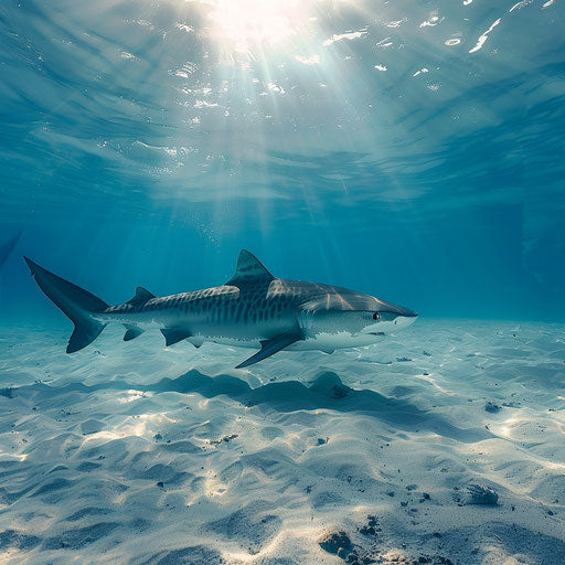 Majestic presence of a tiger shark patrolling the sandy ocean floor
