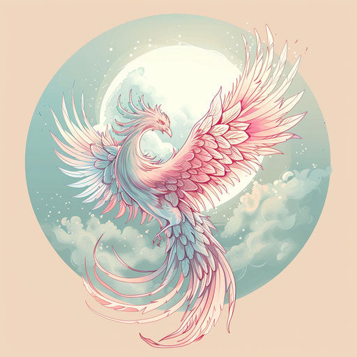 Elegant flat tattoo sketch of a mythical phoenix rising, pastel hues, clipart design