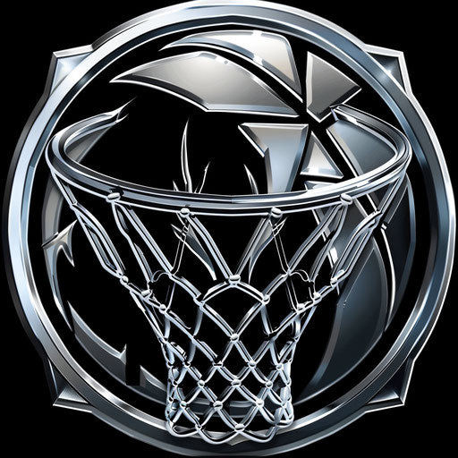 Basketball logo with a stylized hoop on metallic silver background