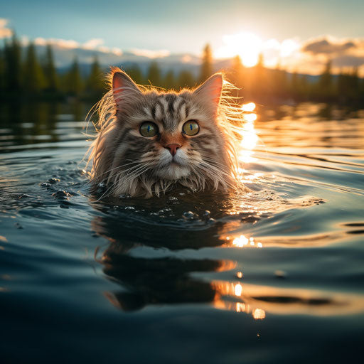 A siberian cat swimming near the shore
