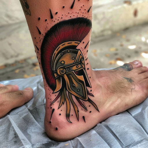 Ankle tattoos in the style of David Palumbo with a warrior helmet