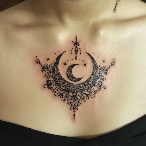 Arabic tattoo with sunset crescent on the chest