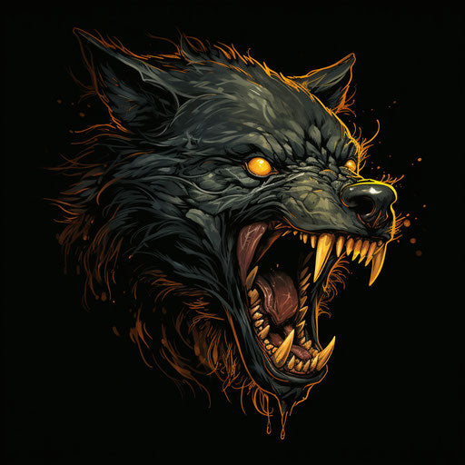 Black wolf head with open mouth in embroidered style