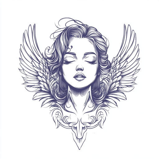 Angel tattoo: delicate sketch, soft wings, serene face