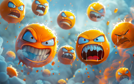 Smiling angry faces in mist style, surprisingly absurd