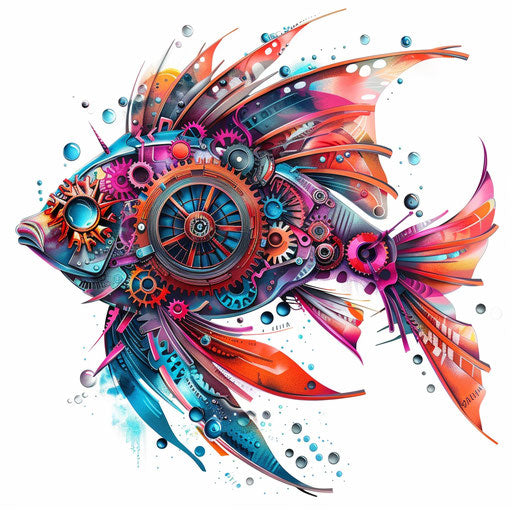 Surreal mechanical fish tattoo design with gears and propellers, vibrant underwater colors, on white background