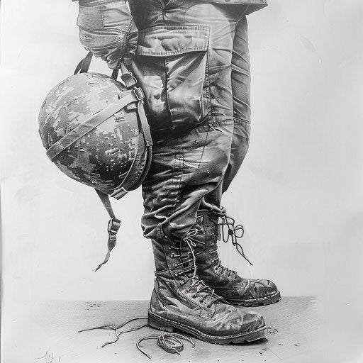 Realistic drawing of a soldier's boot and helmet, in monochrome, on a white canvas